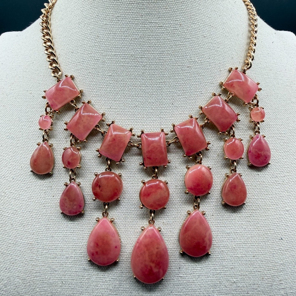 Pink Cabochon Statement Necklace Gold Tone Teardrop Fringe Bib Boho Romantic